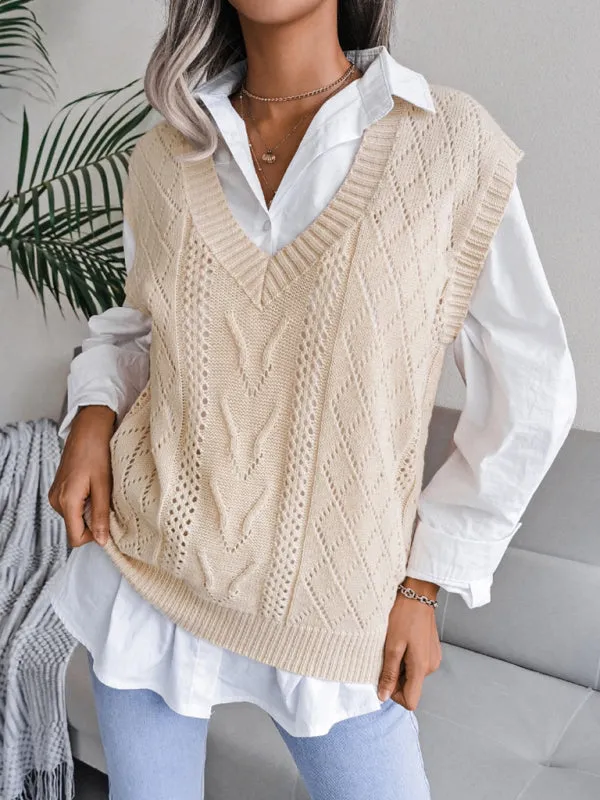 Toleet-Winter outfits Women's hollow out fried dough twist V-neck knitted vest sweater