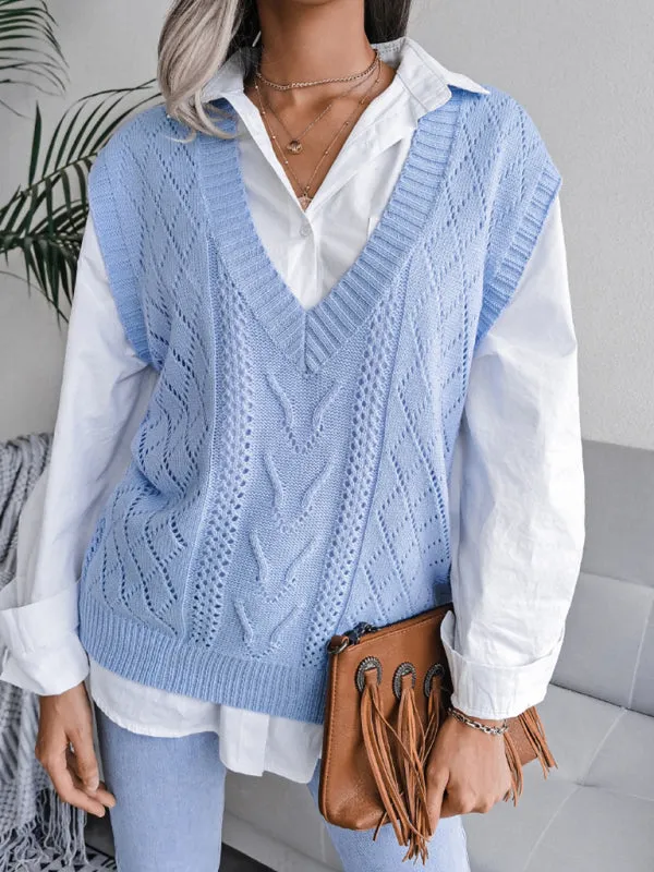 Toleet-Winter outfits Women's hollow out fried dough twist V-neck knitted vest sweater