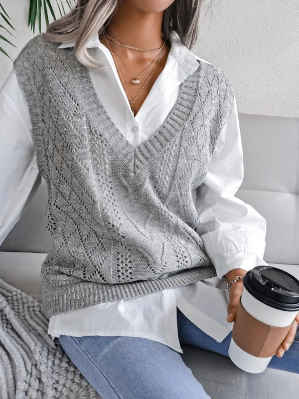 Toleet-Winter outfits Women's hollow out fried dough twist V-neck knitted vest sweater