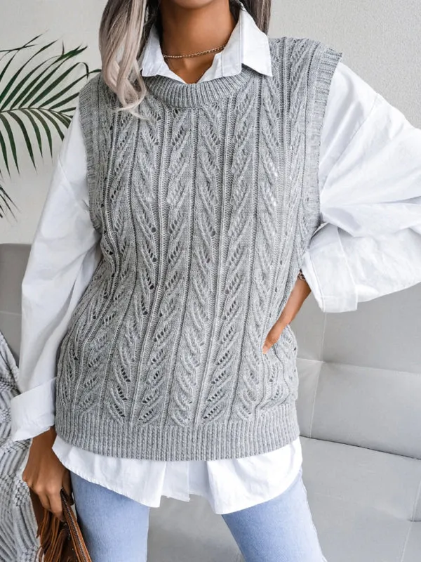 Toleet-Winter outfits Women's round neck hollow leaf casual knitted vest sweater