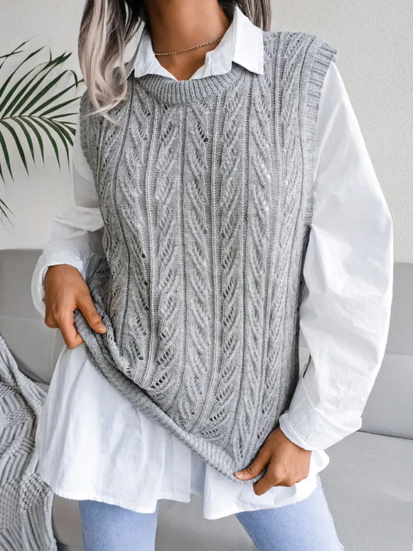 Toleet-Winter outfits Women's round neck hollow leaf casual knitted vest sweater