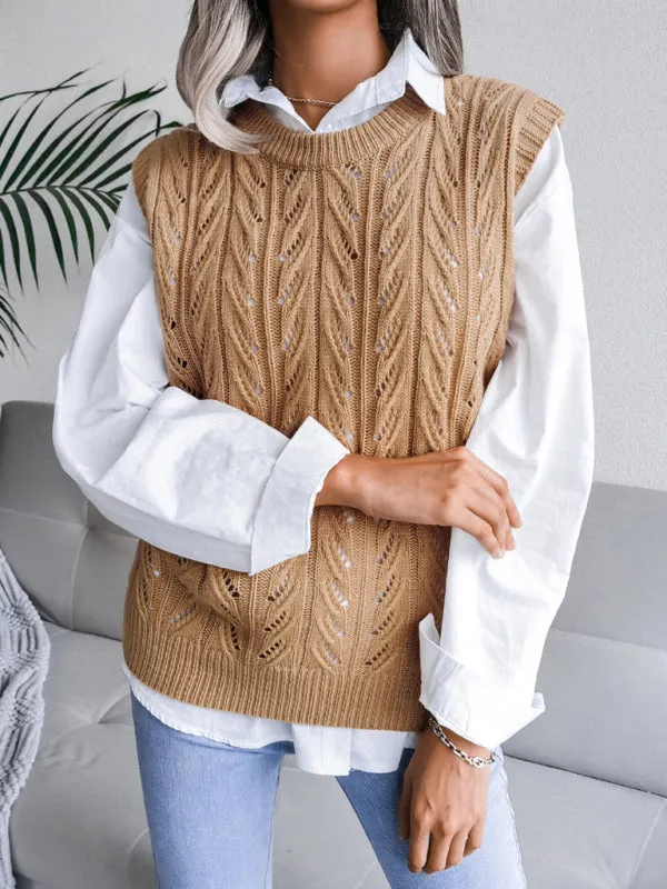 Toleet-Winter outfits Women's round neck hollow leaf casual knitted vest sweater