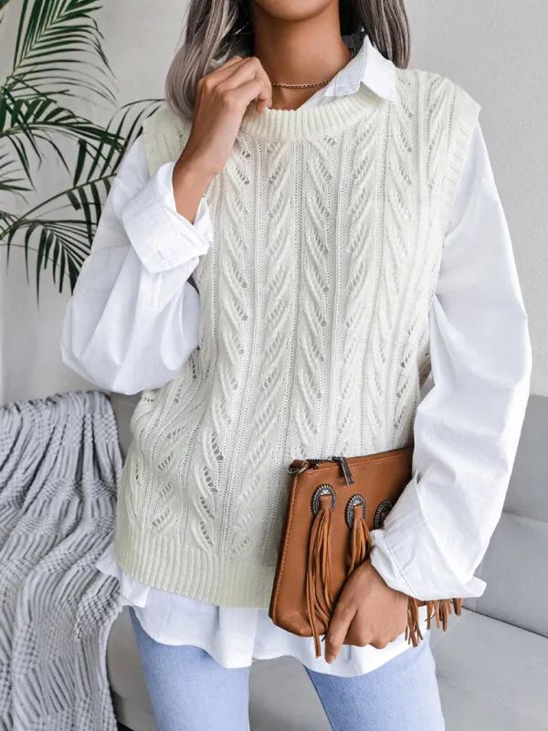 Toleet-Winter outfits Women's round neck hollow leaf casual knitted vest sweater