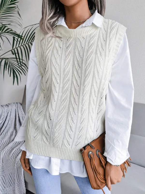 Toleet-Winter outfits Women's round neck hollow leaf casual knitted vest sweater