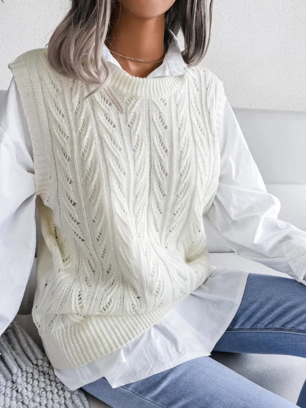 Toleet-Winter outfits Women's round neck hollow leaf casual knitted vest sweater