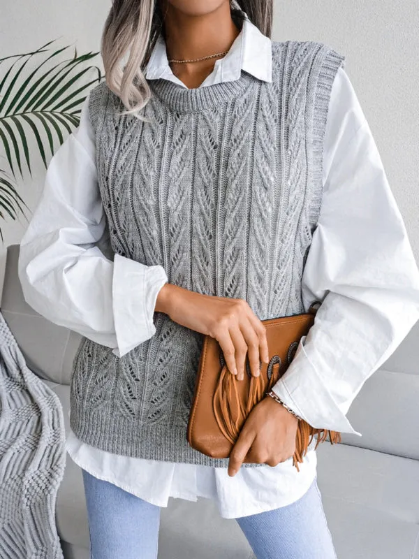 Toleet-Winter outfits Women's round neck hollow leaf casual knitted vest sweater