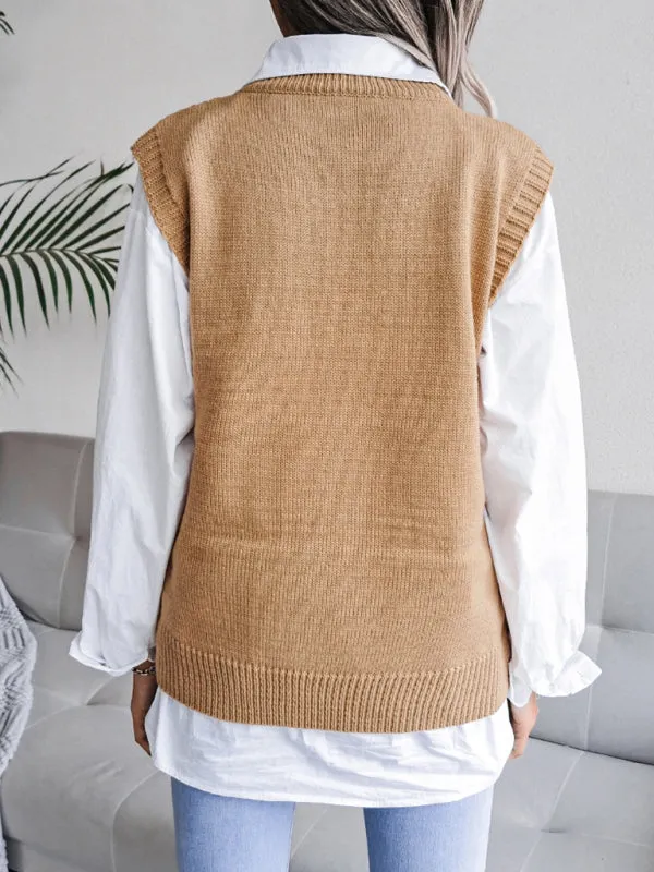 Toleet-Winter outfits Women's round neck hollow leaf casual knitted vest sweater