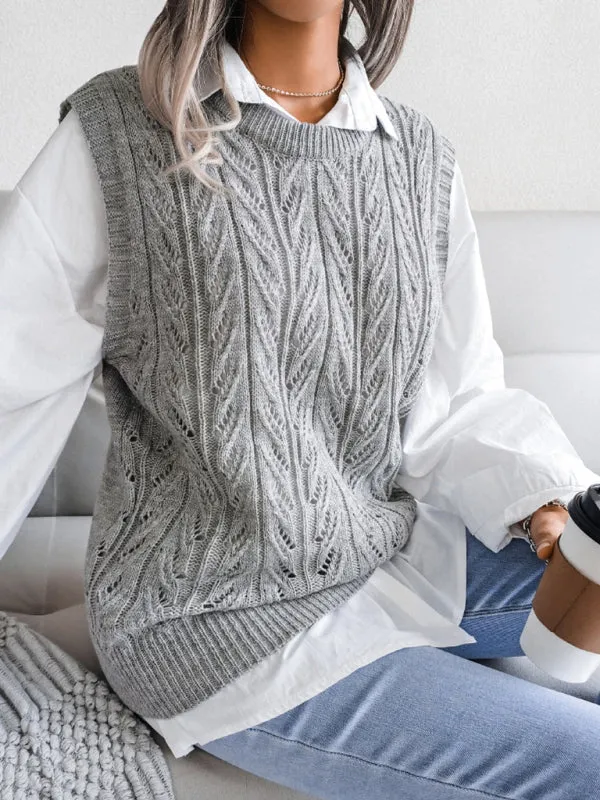 Toleet-Winter outfits Women's round neck hollow leaf casual knitted vest sweater