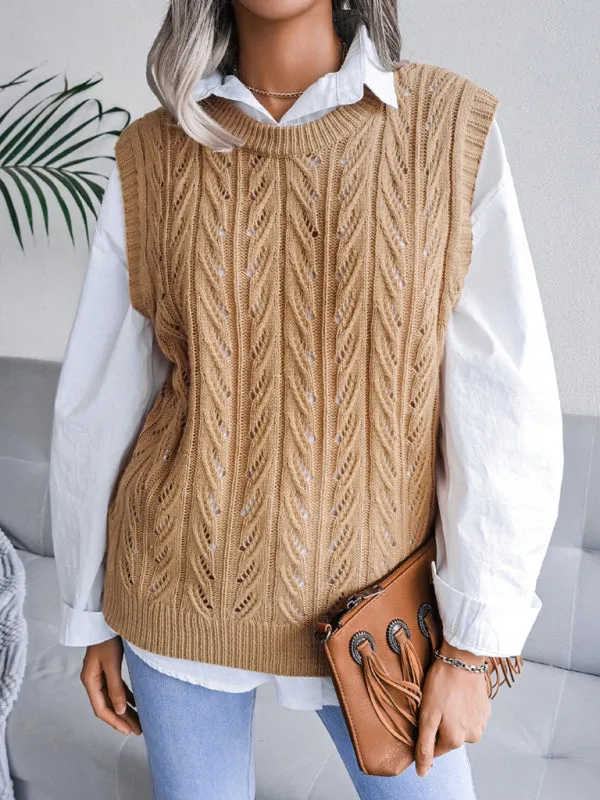 Toleet-Winter outfits Women's round neck hollow leaf casual knitted vest sweater