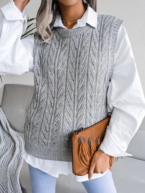 Toleet-Winter outfits Women's round neck hollow leaf casual knitted vest sweater