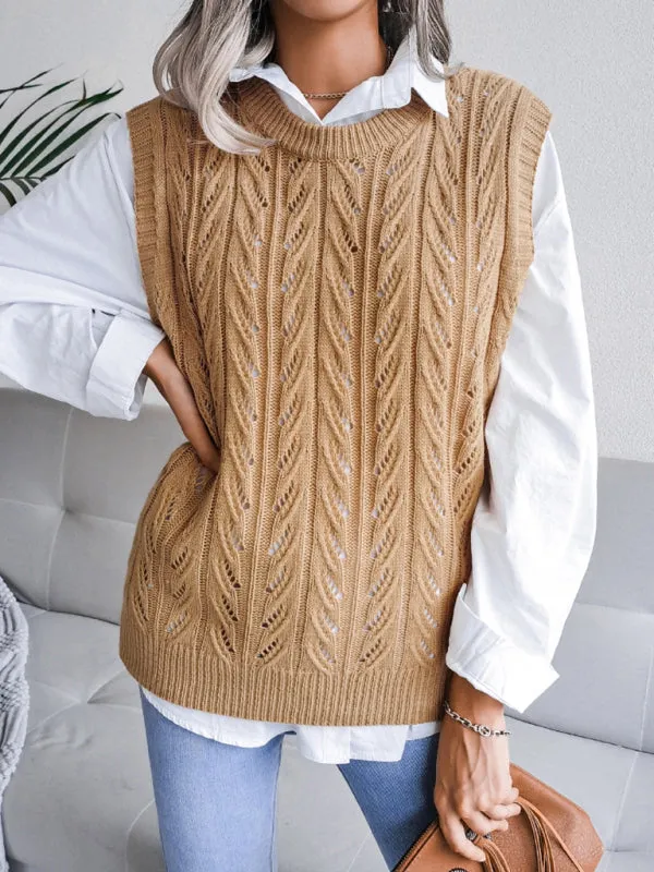 Toleet-Winter outfits Women's round neck hollow leaf casual knitted vest sweater