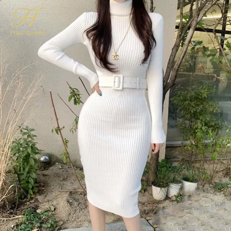 Trendy Knitted Turtleneck Sweater Dress With Belt