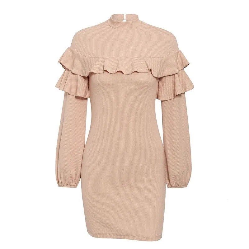 Turtleneck Chic Short Elegant Ruffled Lantern Sleeve Winter Casual Ladies Autumn Dress