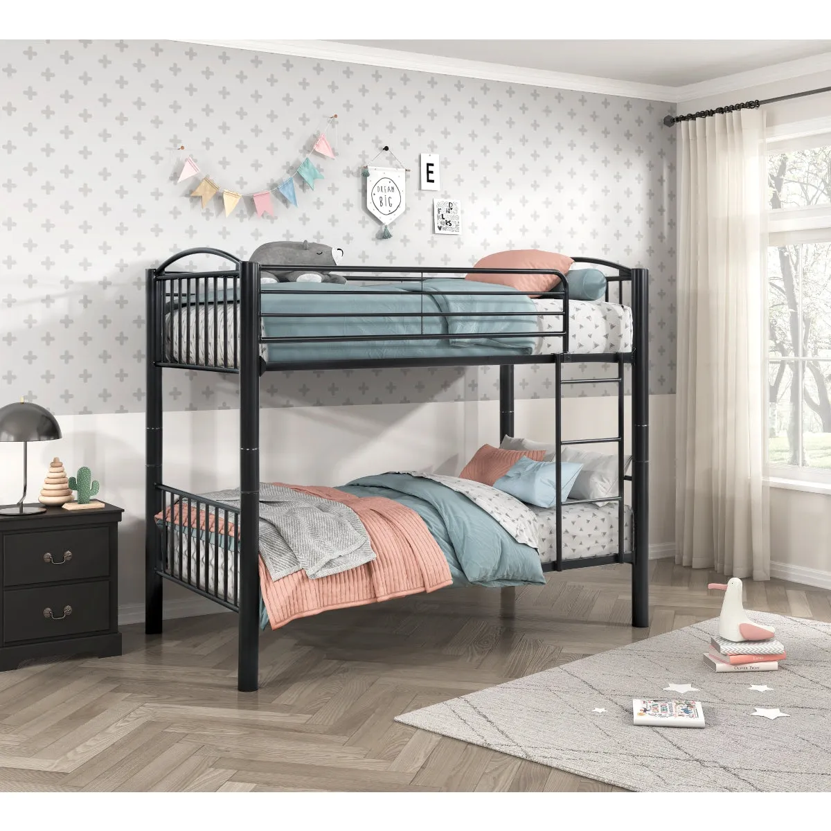 Twin/Twin Black Metal Bunk Bed with Guard Rails and Ladder