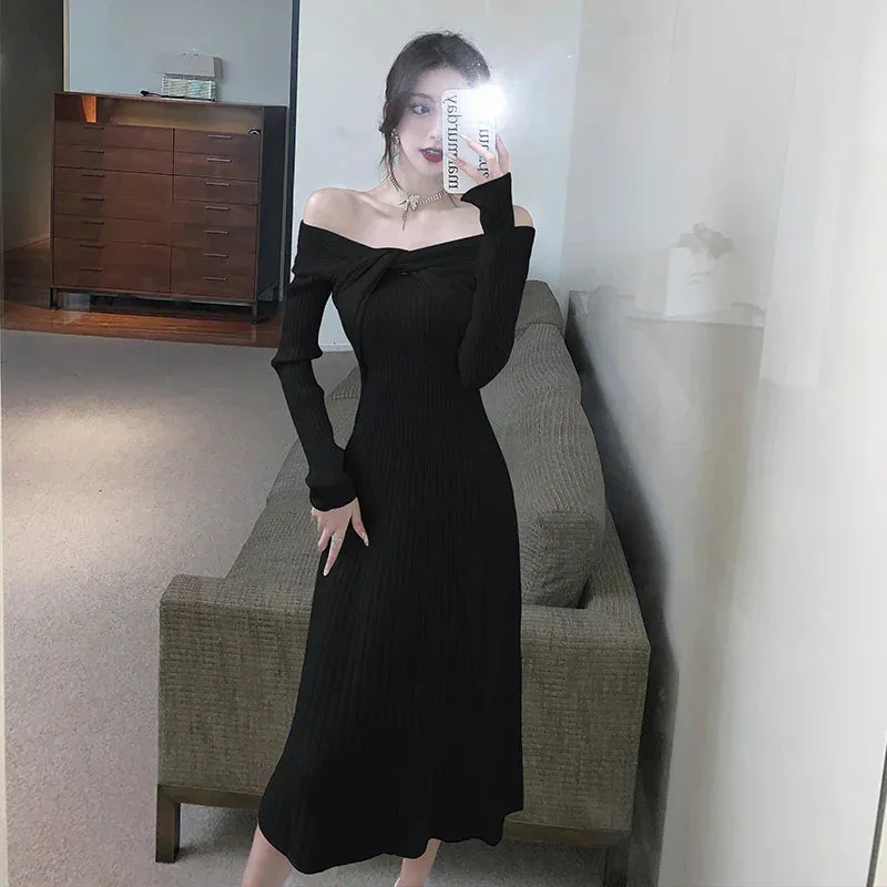 Uniwim-Elegant Vintage Knitted Evening Dress for Women Autumn Winter Fashion Long Sleeve Slim Dresses Knit Sweater Lady Clothing 2023