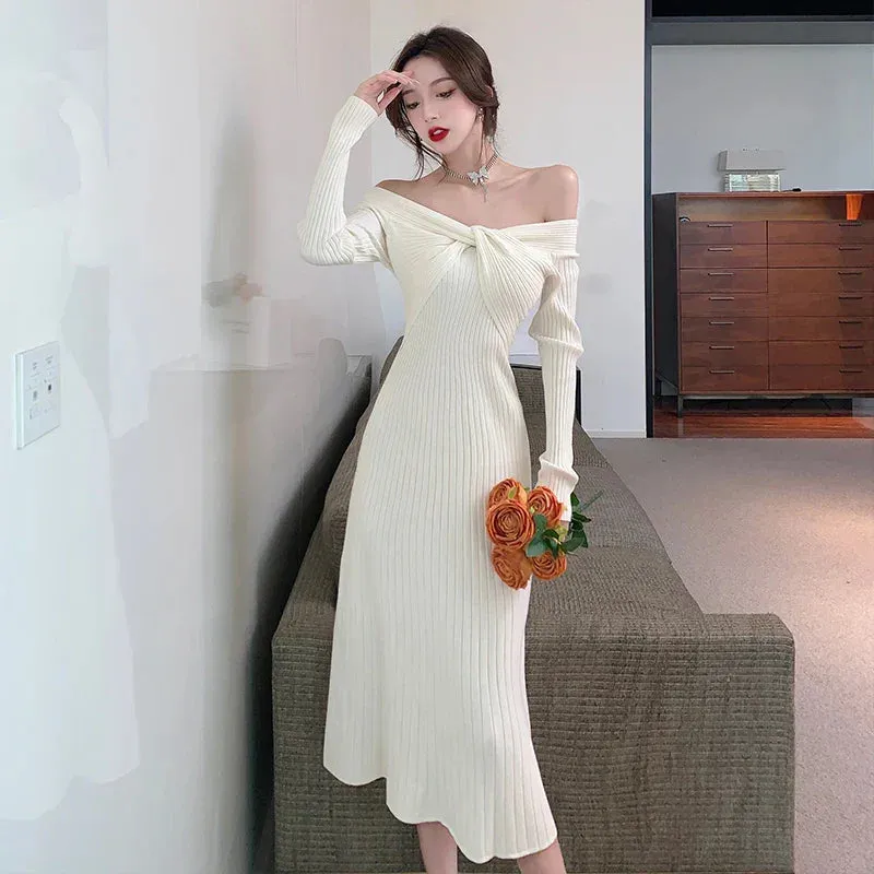 Uniwim-Elegant Vintage Knitted Evening Dress for Women Autumn Winter Fashion Long Sleeve Slim Dresses Knit Sweater Lady Clothing 2023