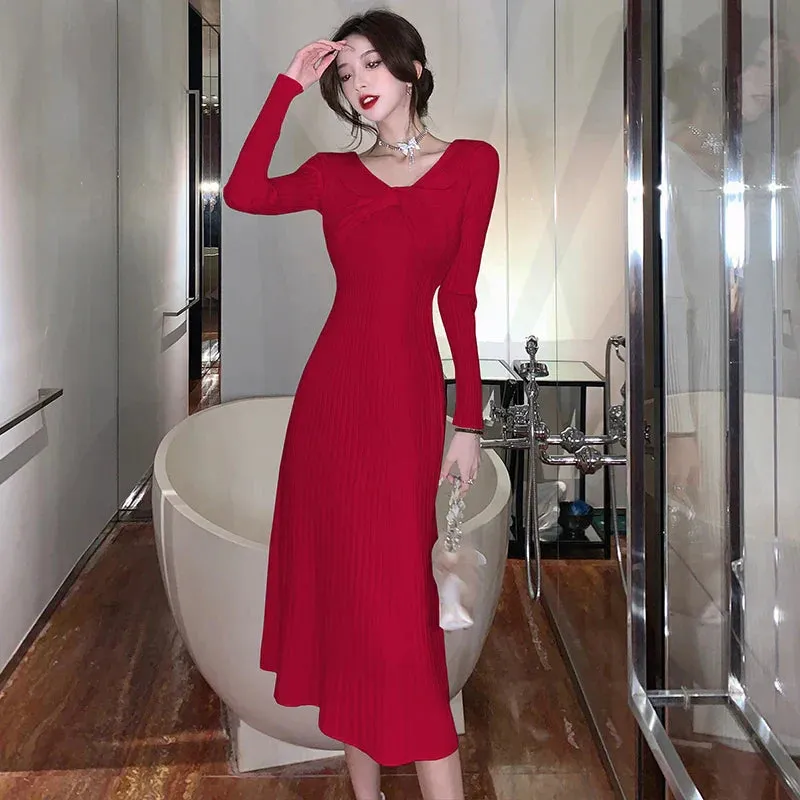 Uniwim-Elegant Vintage Knitted Evening Dress for Women Autumn Winter Fashion Long Sleeve Slim Dresses Knit Sweater Lady Clothing 2023