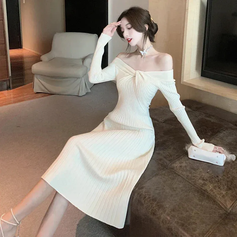 Uniwim-Elegant Vintage Knitted Evening Dress for Women Autumn Winter Fashion Long Sleeve Slim Dresses Knit Sweater Lady Clothing 2023