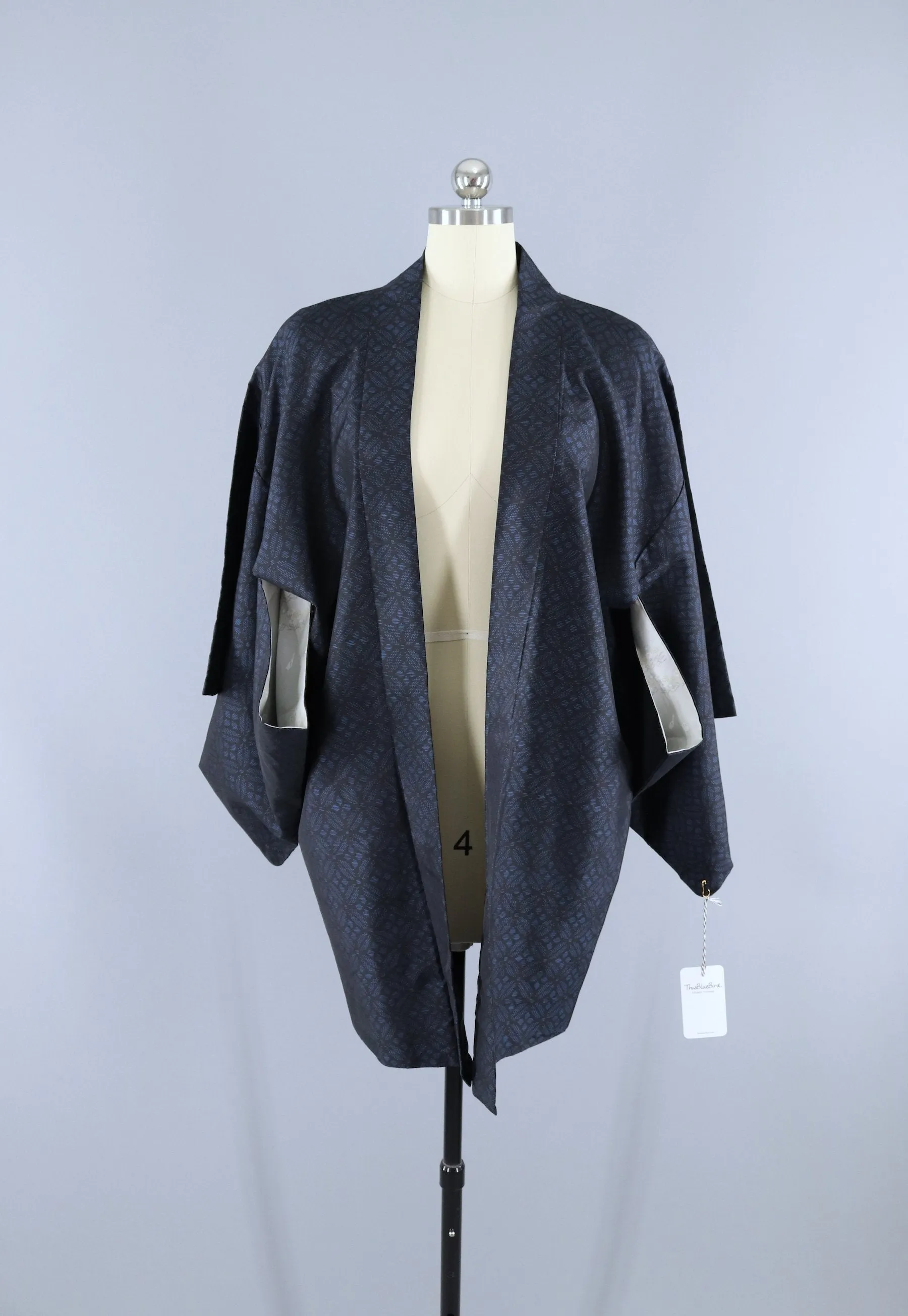 Vintage 1950s Rayon Haori Kimono Jacket Cardigan / Blue & Black IKAT