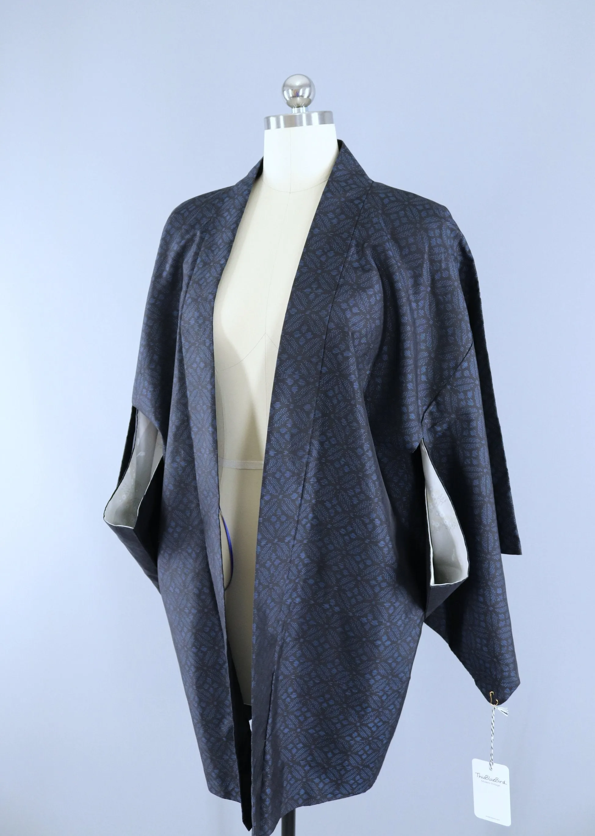 Vintage 1950s Rayon Haori Kimono Jacket Cardigan / Blue & Black IKAT