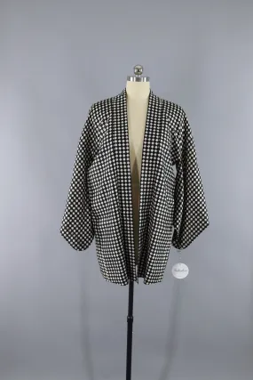 Vintage 1950s Silk Haori Kimono Jacket Cardigan / Meisen Black & White Ikat Polka Dots