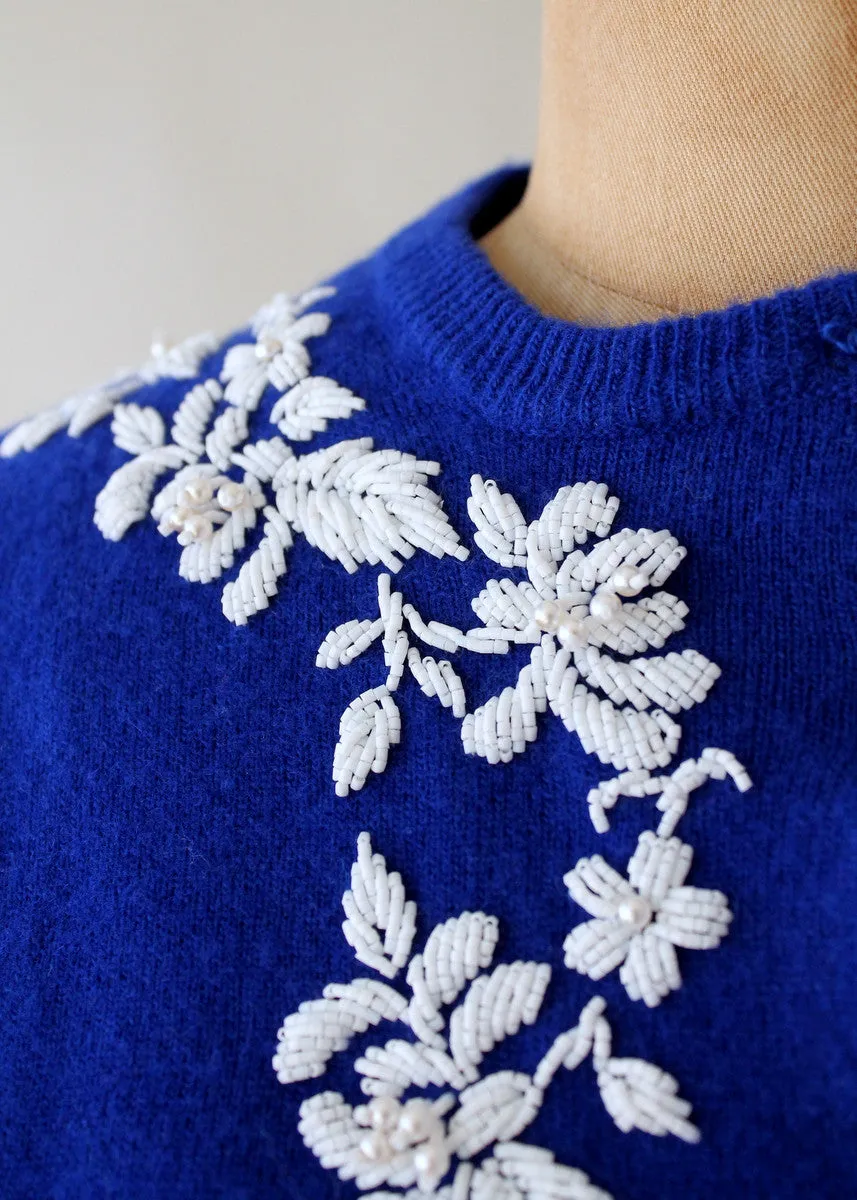 Vintage 1960s Blue and White Beaded Cardigan