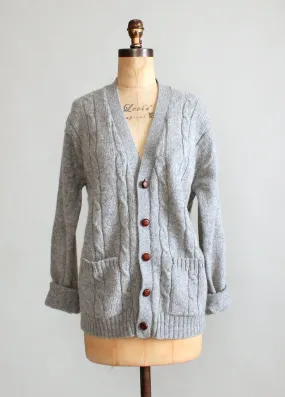 Vintage 1960s Grey Wool Cable Knit Boyfriend Cardigan