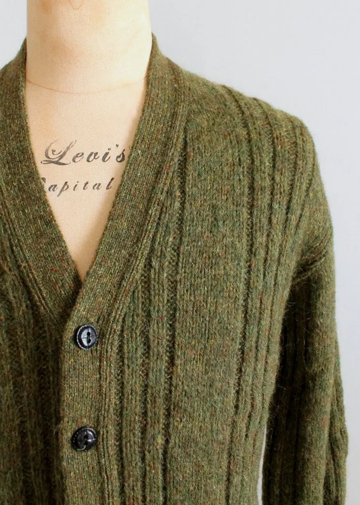 Vintage 1960s Mens Green Cable Knit Cardigan