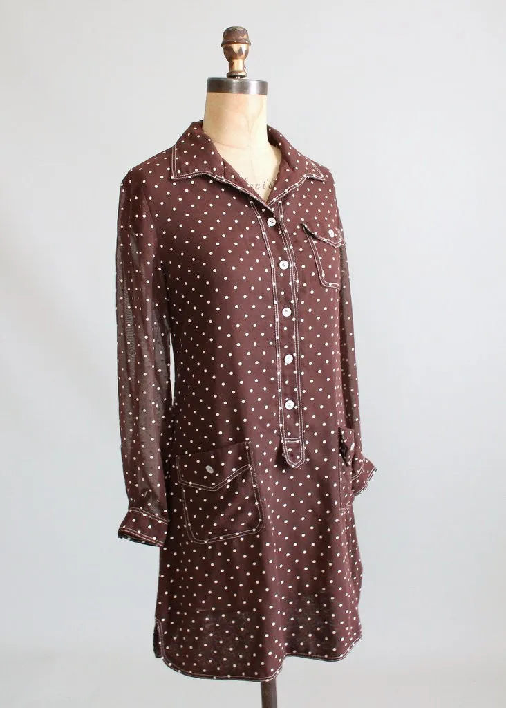 Vintage 1960s MOD Brown Polka Dot Mini Dress