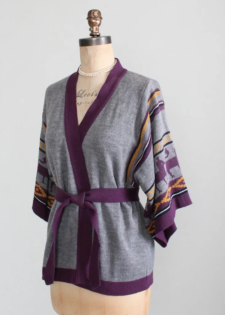 Vintage 1970s Purple Mesopotamian Belted Cardigan