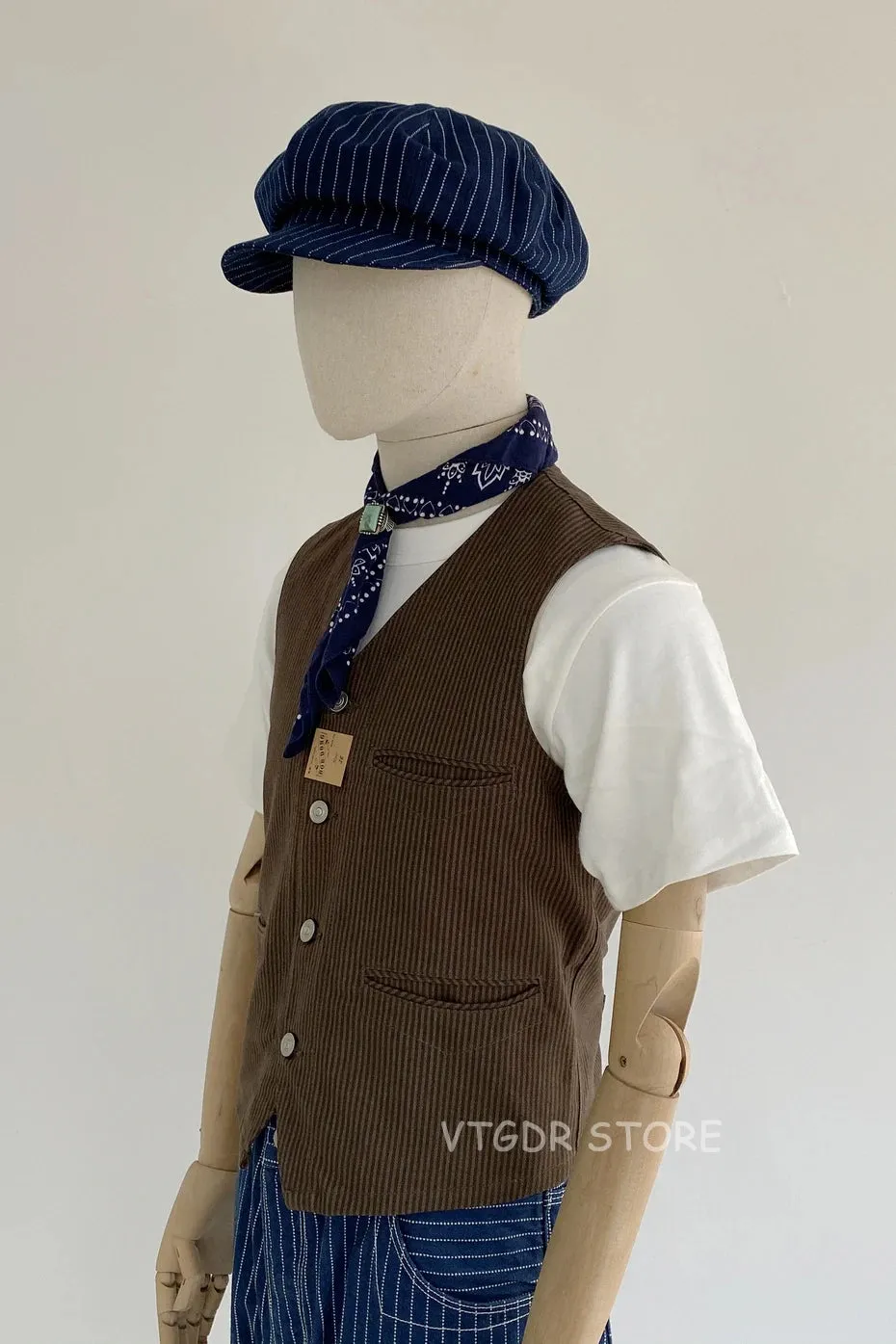 Vintage Striped Work Vest with Retro Suit Waistcoat and Buckle Back