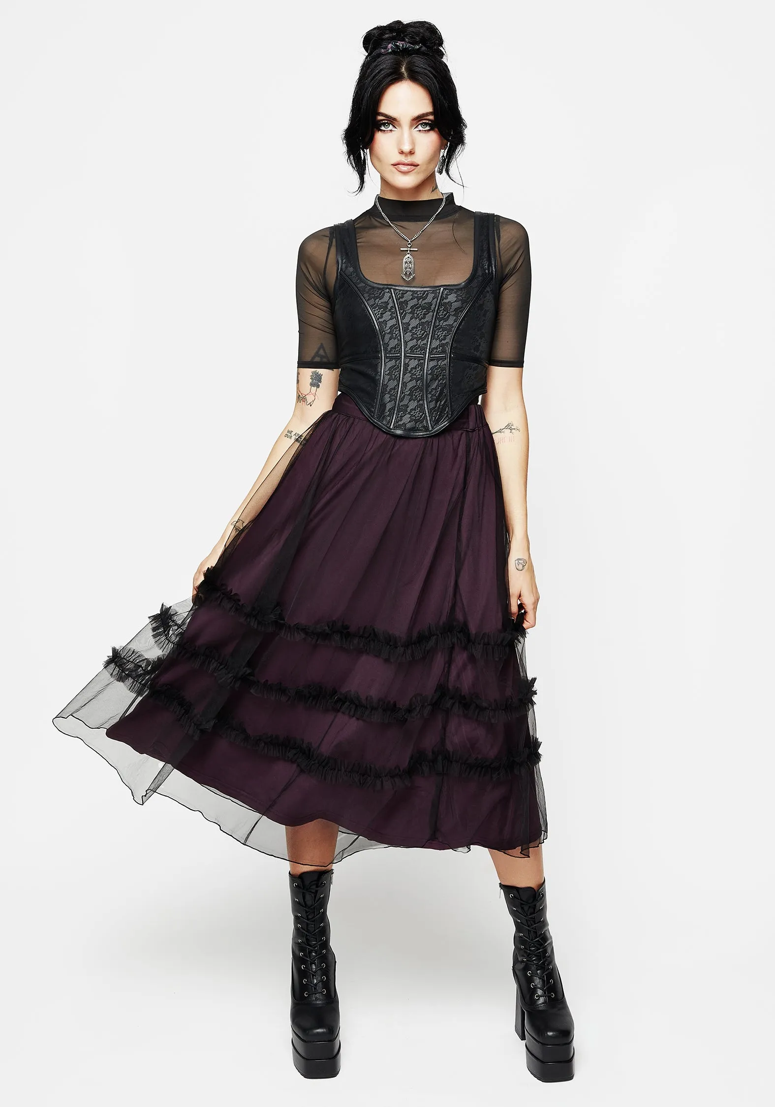 Wanderer Contrast Lining Tiered Midi Skirt