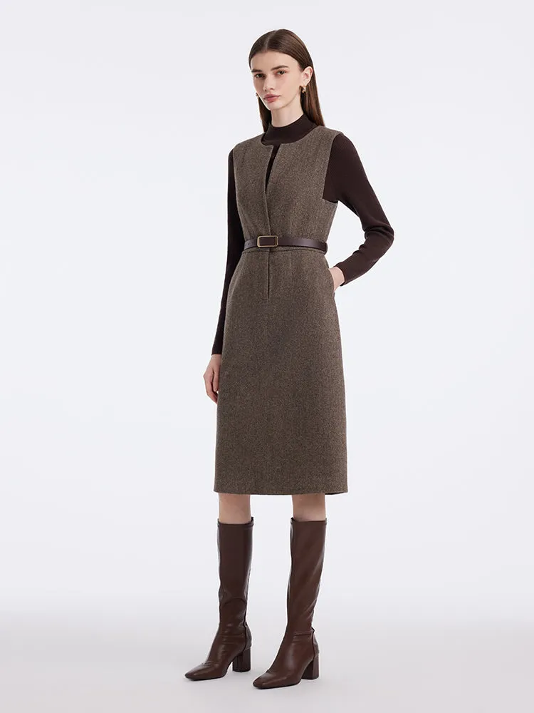 Washable Wool Vest Dress And Knitted Sweater Two-Piece Set With Belt