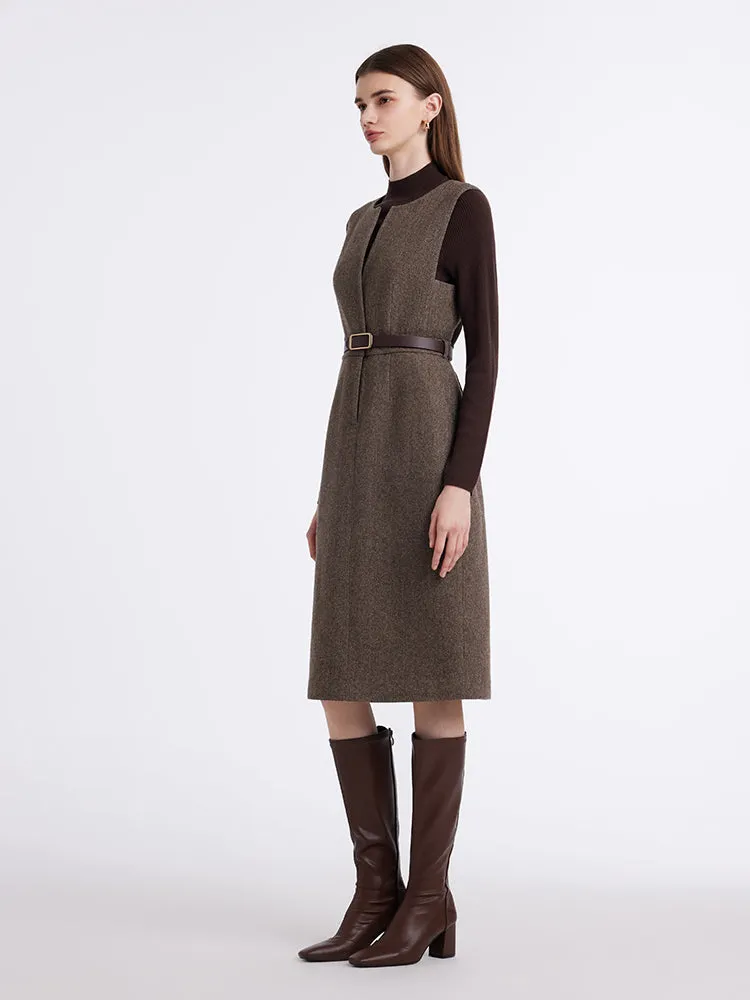 Washable Wool Vest Dress And Knitted Sweater Two-Piece Set With Belt