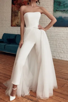 White Strapless Jumpsuit With Watteau Train