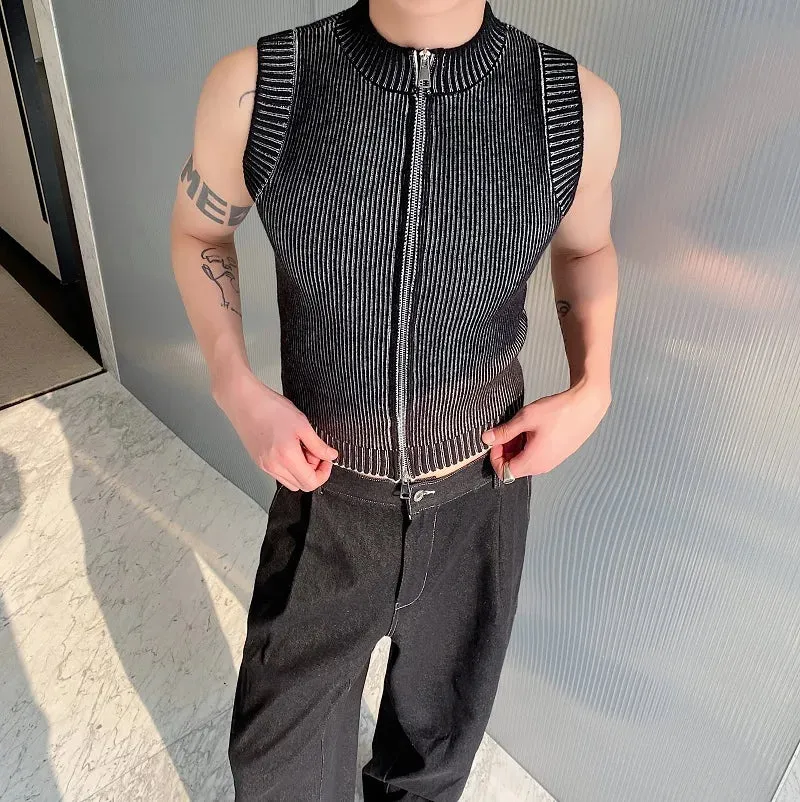 Wiaofellas  -  Knitted Vest Men's Stand Collar Handsome Sweater Vest Korean Streetwear Spring Summer Fashion New Sleeveless T-shirt