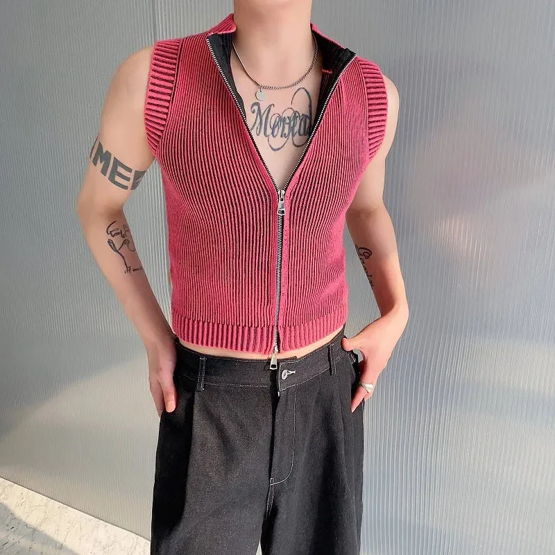 Wiaofellas  -  Knitted Vest Men's Stand Collar Handsome Sweater Vest Korean Streetwear Spring Summer Fashion New Sleeveless T-shirt