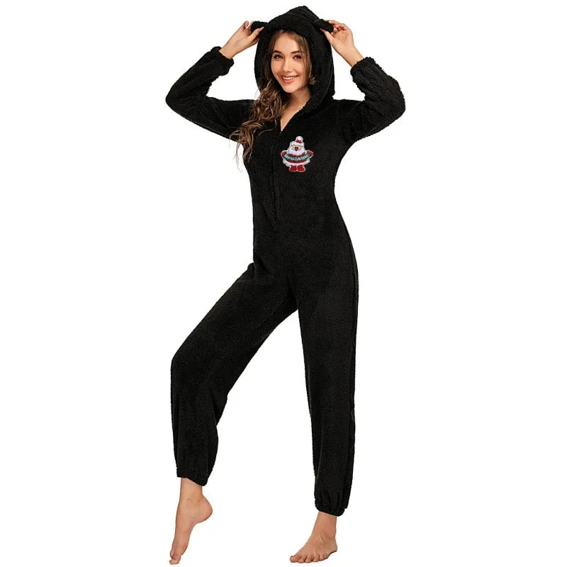 Winter Warm Pyjamas Women Onesies Fluffy Fleece Jumpsuits Sleepwear Overall Hood Sets Pajamas For Women Adult