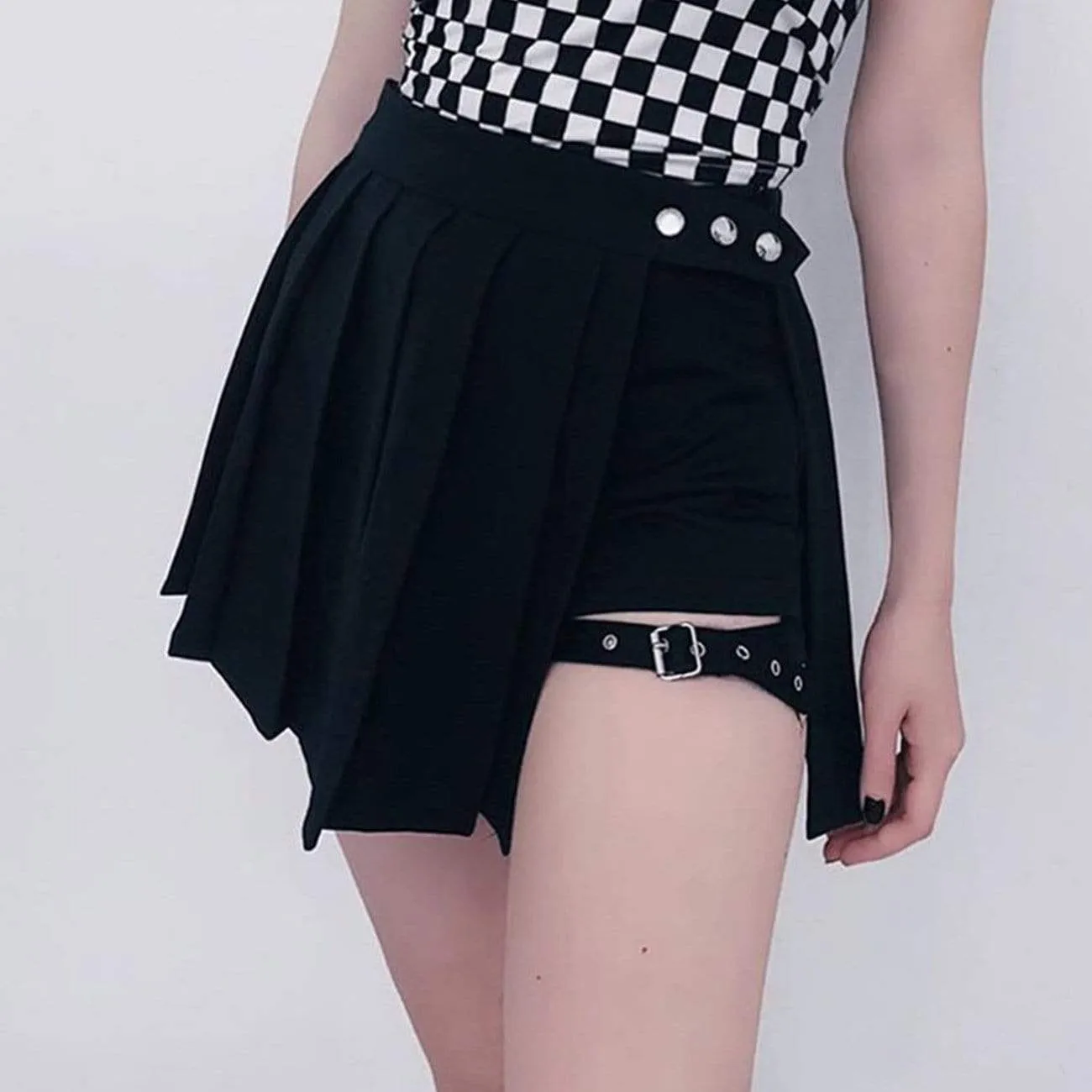 WLS Dark Fake Two-piece Strap Pleated Skirt