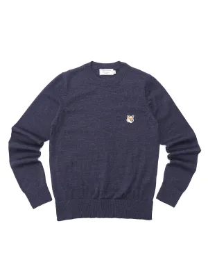 W_MERINOS R-NECK PULLOVER FOX HEAD PATCH_INDIGO