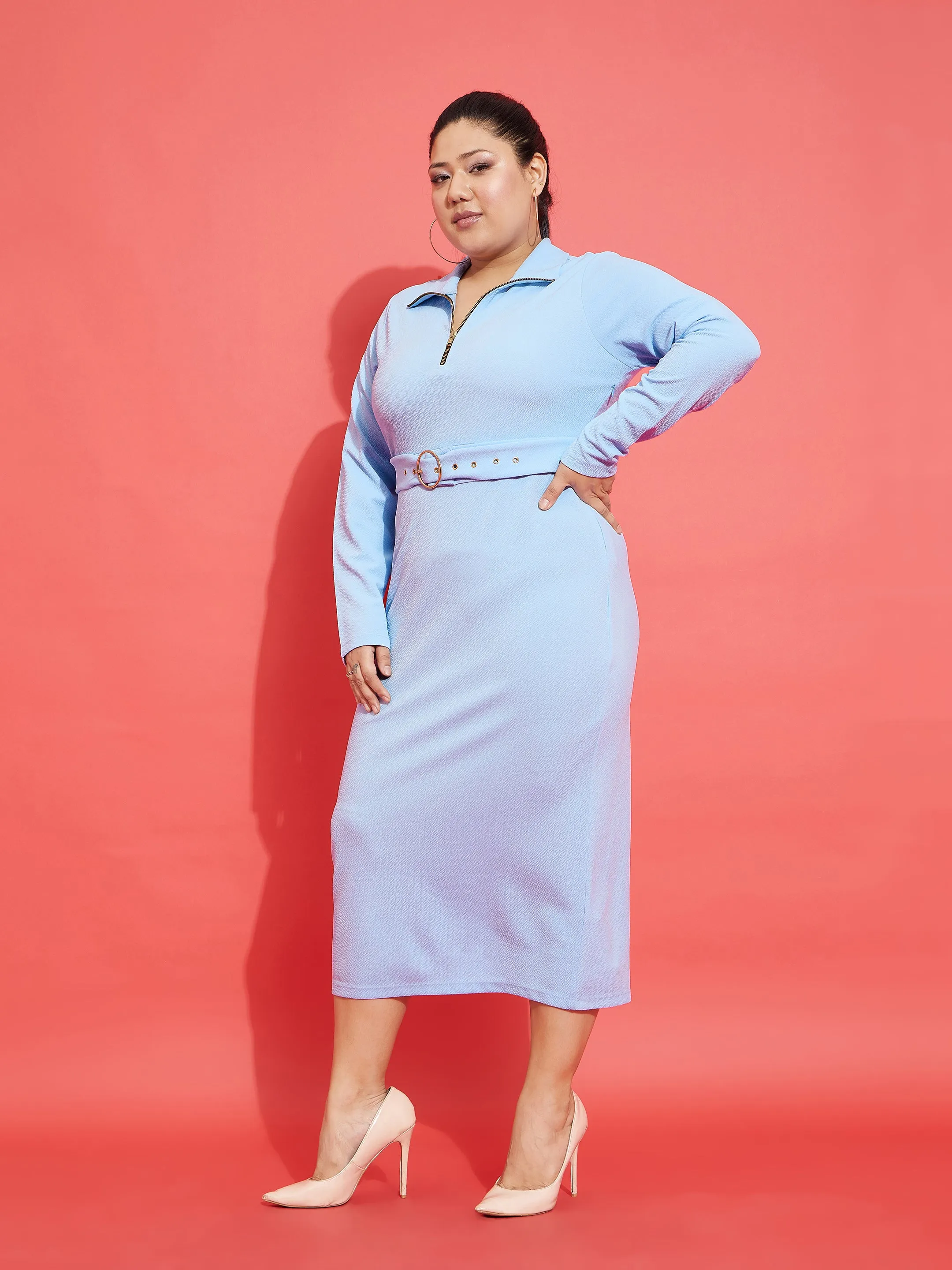 Women Blue Front Zipper Belt Dress