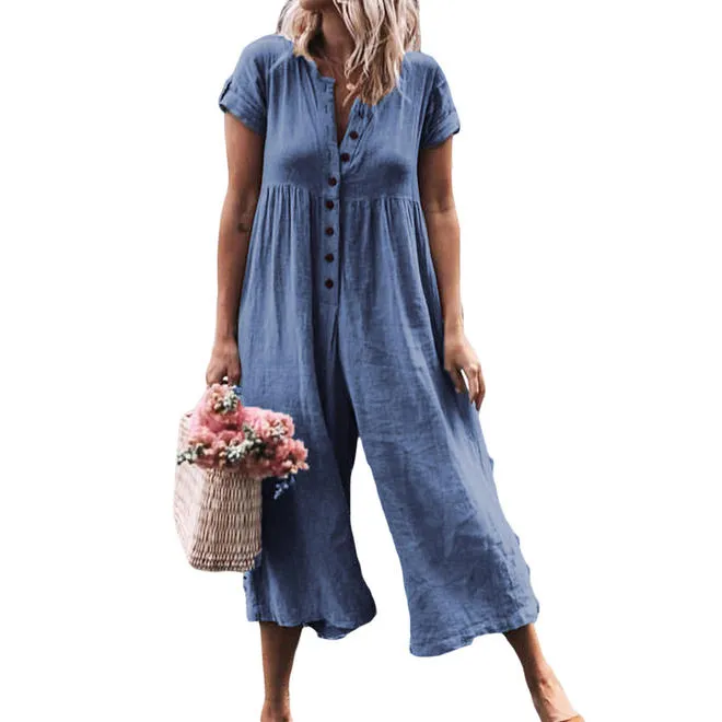 Women Button Attached Loose Casual Jumpsuit - C13850ZWJ