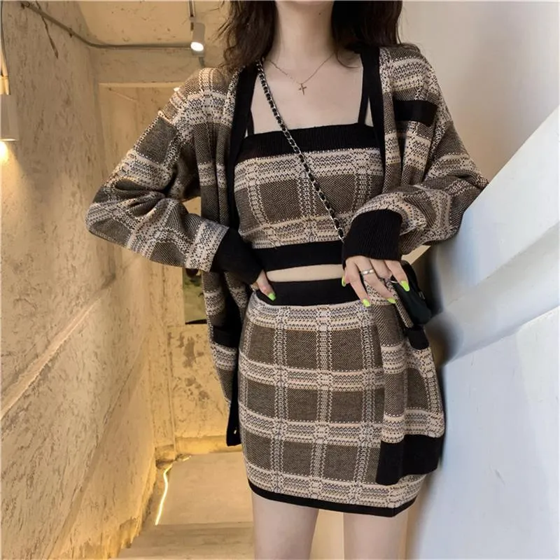 Women Knitted Skirt Set Cardigan Skirt Crop Top Sets Knitwear