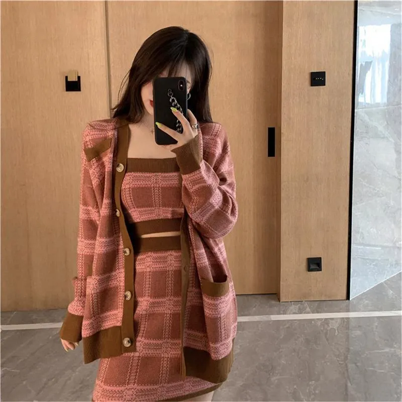 Women Knitted Skirt Set Cardigan Skirt Crop Top Sets Knitwear