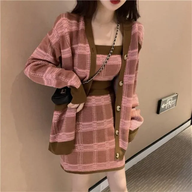 Women Knitted Skirt Set Cardigan Skirt Crop Top Sets Knitwear