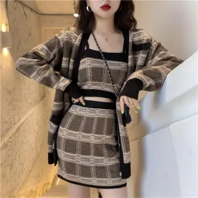 Women Knitted Skirt Set Cardigan Skirt Crop Top Sets Knitwear