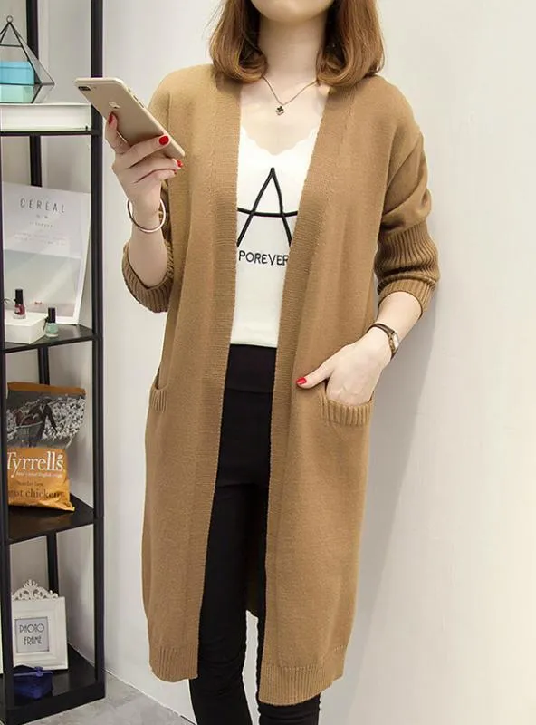 Women Long Cardigan Pockets Loose Solid Knit Sweater