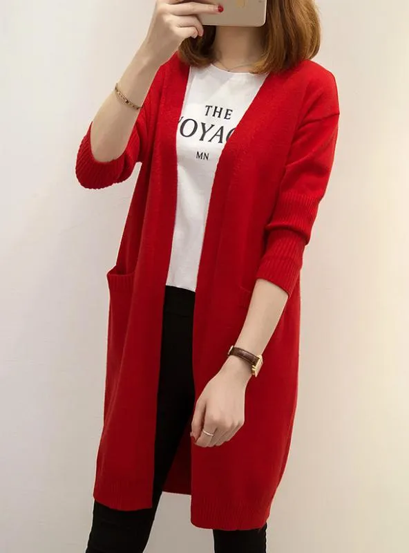 Women Long Cardigan Pockets Loose Solid Knit Sweater