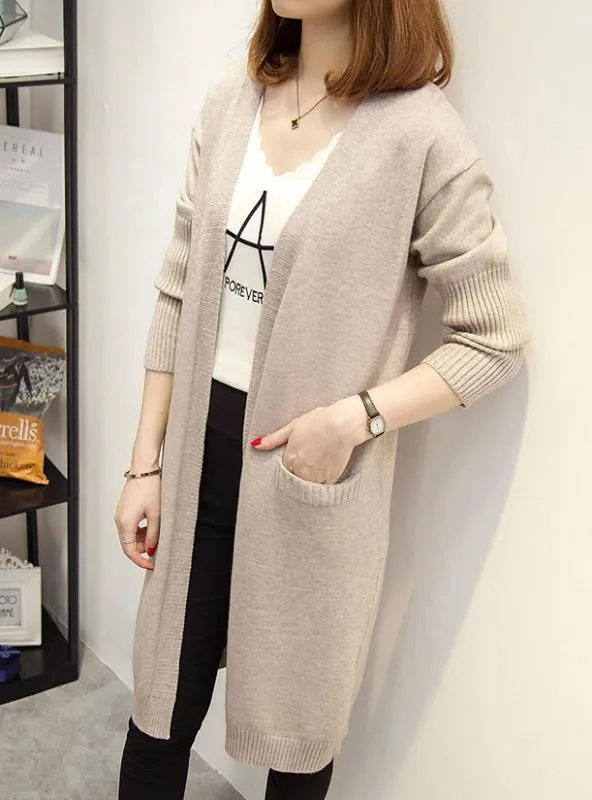 Women Long Cardigan Pockets Loose Solid Knit Sweater