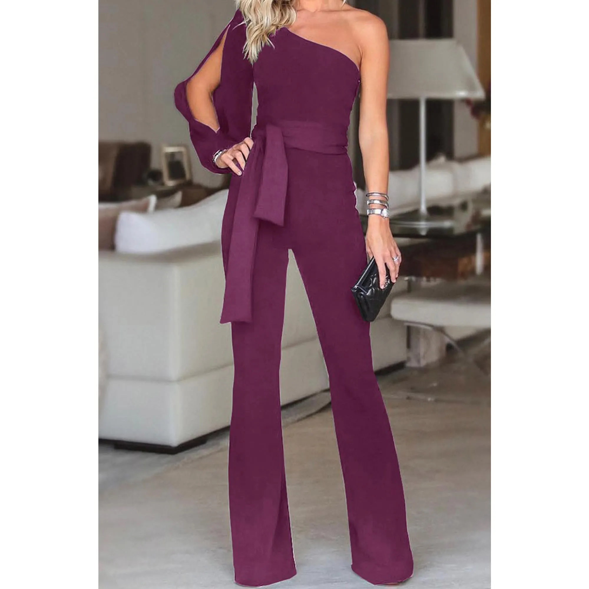 Women One Shoulder Loose Fit Fashion Jumpsuit - C13487UJ